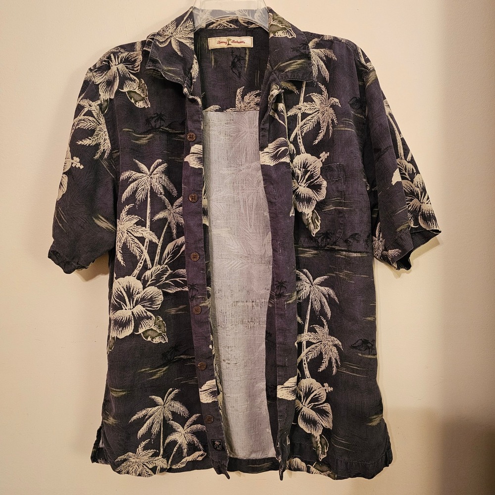 Tommy Bahama Silk Hawaiian Shirt Small Charcoal Palm Hibiscus Tropical RN86549